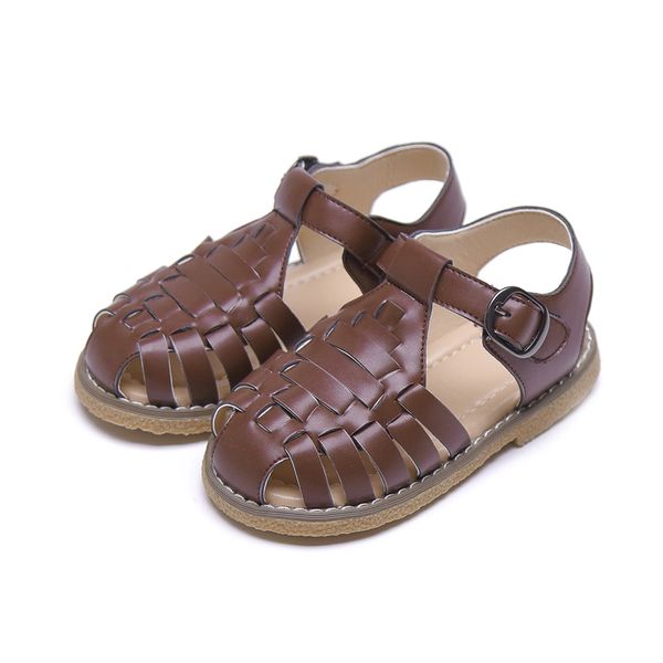 

children sandals summer boys girls roman weave cut-outs flat sandals solid color kids girls beach shoes soft bottom sgf059, Black;red
