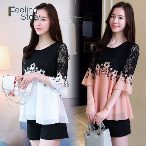 

korean style womens plus size and blouses summer chiffen flare sleeve blouse lace loose shirt blusas mujer de moda 2019, White