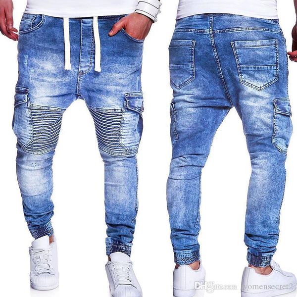 

mens washed pencil jeans fashion long fitness mid waist mens pants mens designer jeans with pockets, Blue