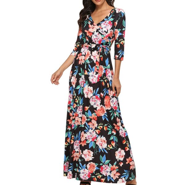 

women floral lace-up dress v-neck ladies dress fashion high waist long, Black;gray
