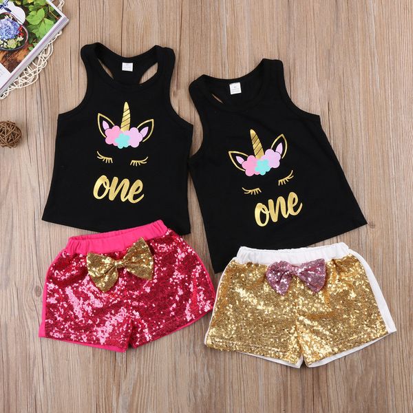 

summer toddler kid baby girl clothes set unicorn t-shirt shorts sequins baby 2 pcs outfits baby clothing cute set, White