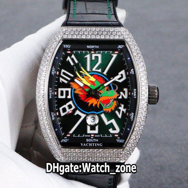

luxury new vanguard steel case v45 sc dt yachting dragon totem black dial miyota automatic mens watch diamond bezel leather strap watches, Slivery;brown