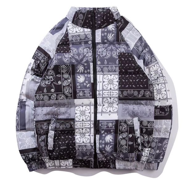 

color block patchwork thick mens cashew printed windbreaker padded parka jackets hip hop 2020 casual streetwear, Black