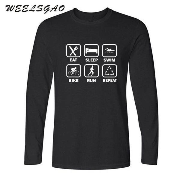 

eat sleep triathlon long sleeve t shirt full sleeve cotton fashion autumn casual swimering bikering runering t-shirt mans, White;black