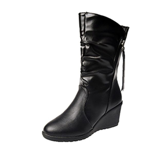 

winter boots ladies fashion round head wedge heel shoes black flat mid tube zipper furry boots women