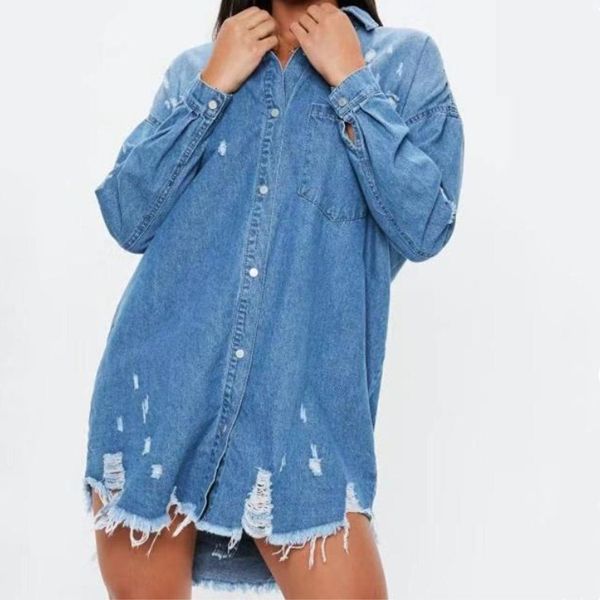 

women denim shirts with pockets jeans shirt spring ladies long sleeve blue vintage female holes button denim blouse, White