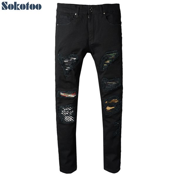 

sokotoo men's black printed patch biker jeans for moto slim skinny fit destroyed stretch denim pants, Blue