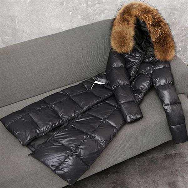 

winter women big fur collar down jacket padded warm thick white duck down coat female long parka outerwear plus size 6xl ab1624, Black