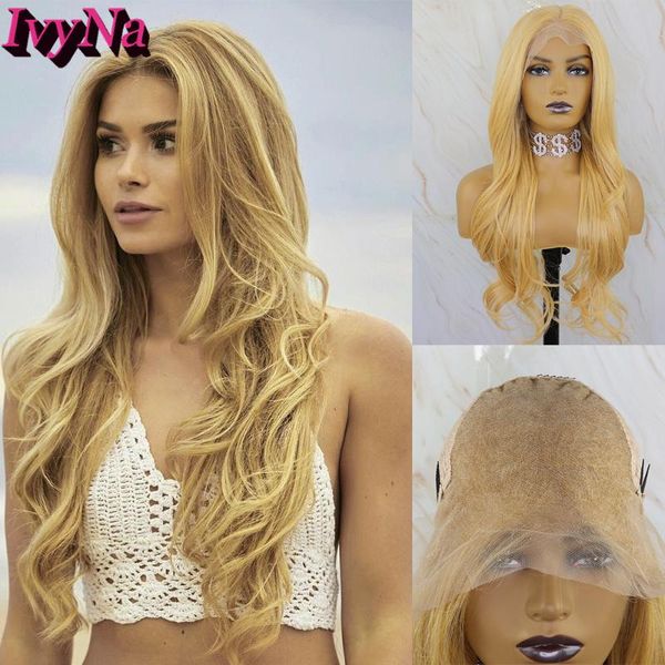 

ivyna golden mixed blonde synthetic lace front wig 13x6 futura heat resistant hair long wavy lace front wig highlight yellow, Black