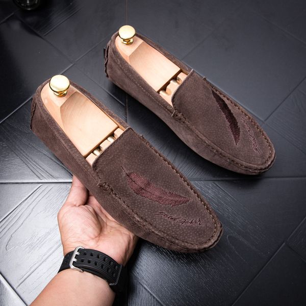 

men loafers moccasins men casual shoes suede slip on loafer suede shoes flats gommino driving hommes chaussures brown, Black