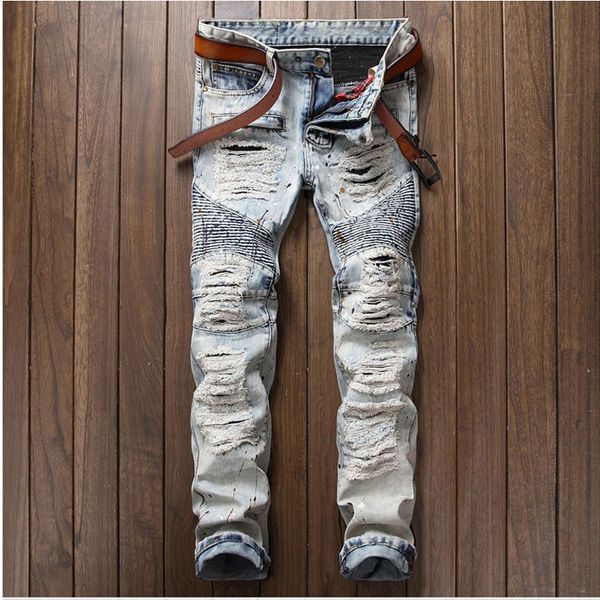 

2017 new spring fashion hole jeans men slim long trousers skinny ripped jeans pants retro straight hip hop scratched pant, Blue
