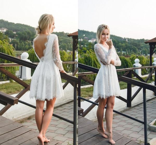 

short a-line wedding dresses lace v neck long sleeves backless bridal plus size wedding dresses custom made wedding dresses dh4162, White