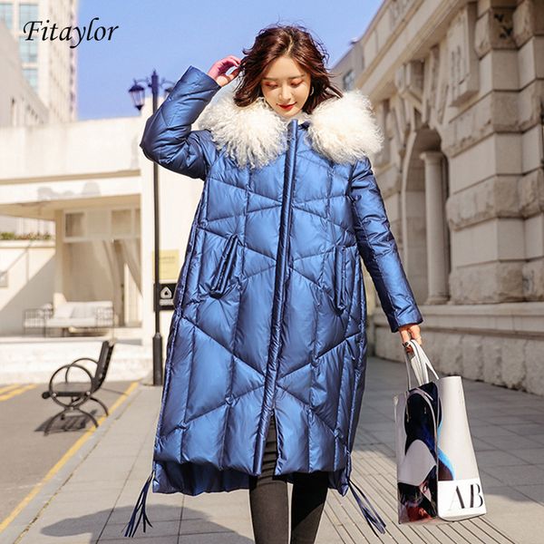 Fitaylor revestimento do inverno Mulheres 90% pato branco para baixo Coats Grande real Fur Collar soltas Parkas Casacos Glossy Waterproof Jackets SH190920