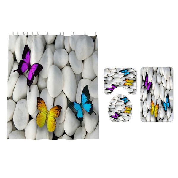 

4 pieces butterfly pebbles shower curtain set w/ bath rug toilet lid cover