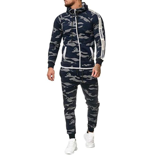 

2020 осень новые мужские камуфляжные комплекты на молнии тренировочные брюки и толстовки наборы мужской повседневный бодибилдинг фитнес спор, Gray