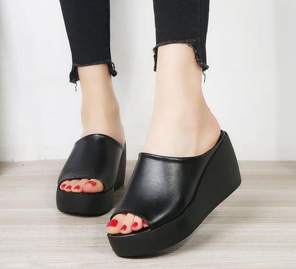

new women shoes summer fashion leisure slipper women fish mouth high heel sandals thick bottom slippers, Black