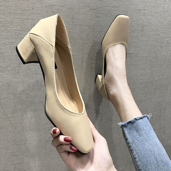 

women pumps shoes spring summer 4.5 cm mid heel square toe slip on casual and office work shoes leather pumps fold heel, Black