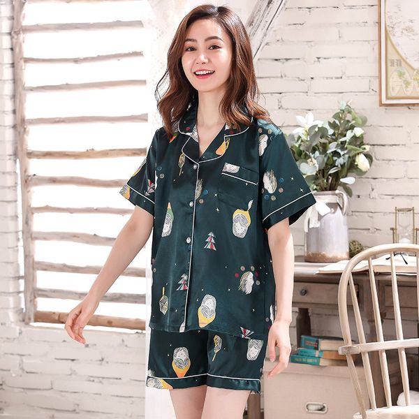 

satin print shirt&shorts sleepwear women nightwear pajamas set nightgown casual pijamas 2pcs sleep suit intimate lingerie, Blue;gray