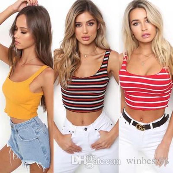 

2019 basic style fashion women striped solid color good quality short crop star same style tank silm short camisole, White