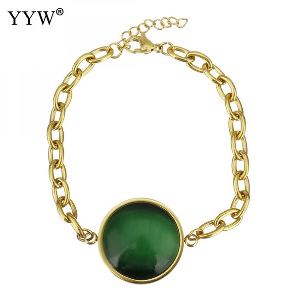 

2019 fashion oval chain women's bracelet jewelry stainless steel vintage turquises bracelets green glass charm bracelet 7.5inch, Black
