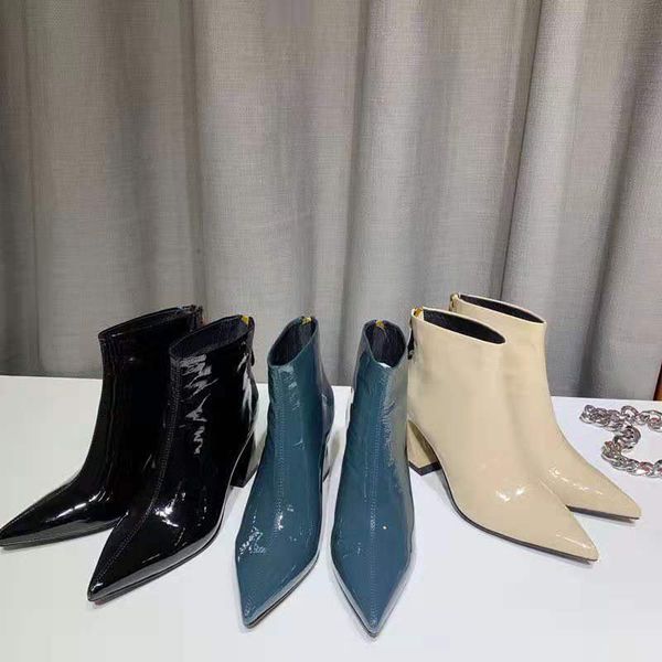 

2019 bright leather pointed booties femanle new back zipper stiletto heels martin boots spring and autumn sngle boots, Black