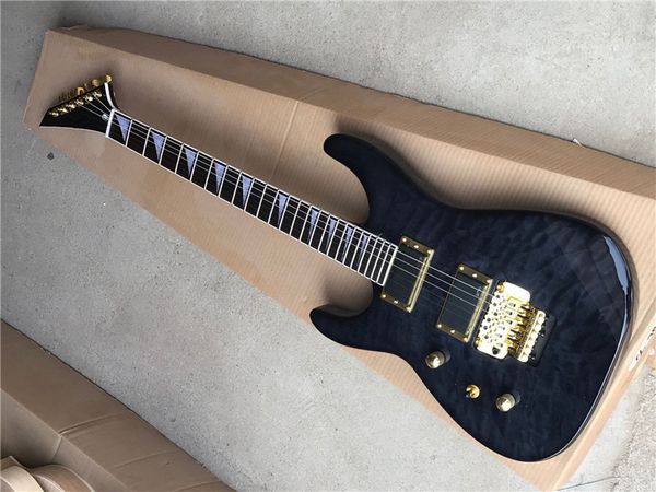 Guitarra elétrica do corpo negro lustroso canhoto com ponte de tremolo, hardware dourado, Fingerboard de Rosewood, pode ser personalizado