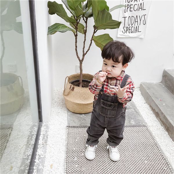 

designer boys two piece set spring autumn lapel neck plaid shirt + bib pants 2019 trend luxury two-piece suits sale, White