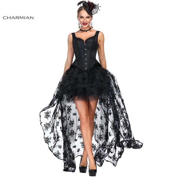 

charmian women's victorian gothic retro black wide shoulder straps jacquard overbust corset with organza high low skirt sets, Black;white