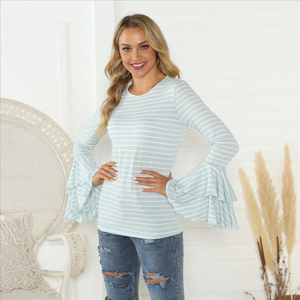 

2019 autumn round collar stitching striped trumpet sleeve slim women's t-shirt 2019 autumn round collar stitching striped trumpet sleev, White