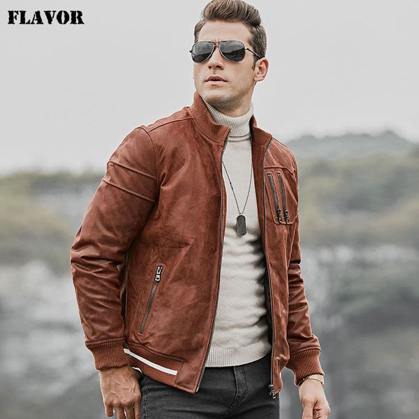 

flavor men's real leather jacket men pigskin slim fit leather coat with standing collar rib cuff, Black