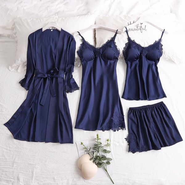 

4pcs sets women lace sleepwear satin nightwear lingerie pajamas suit soft silk pyjamas cami shorts covers pijama mujer, Black;red