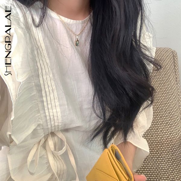 

shengpalae full flare sleeve round-neck ruffles lace up women loose temperament shirt 2019 new autumn spring vintage style fs564, Black;brown