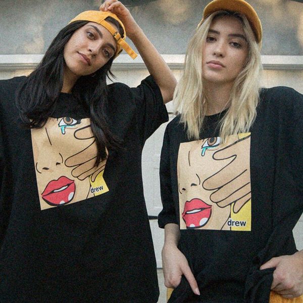 

checked drew house wu yifan justin justin barber celebrity inspired comic women tears short-sleeved t-shirt women, Red