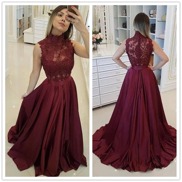 

2019 burgundy high neck long prom dress with lace for girls custom evening dress floor length formal dress, Black