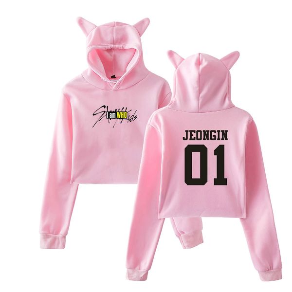 

keluoxin kpop straykids i am you cat ear hoodies women cropped sweatshirt women stray kids member name crop top, Black