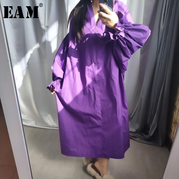 

eam] 2020 spring summer woman stylish new black color pleated long puff sleeve v neck long loose draped big size dress lg029, Black;gray