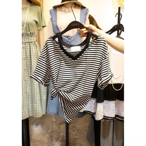 

summer 2020 v-neck short-sleeved less striped t-shirt women's casual slim versatile shoulder strap t-shirt shoulder strap, White