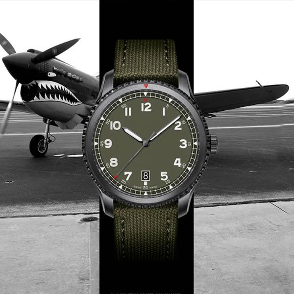 

new montre de luxe 1884 pilot 8 automatic mechanical movement mens designer watches army green nylon strap men wristwatch relogio masculino, Slivery;brown