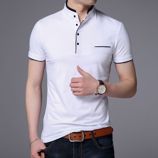 

mandarin collar cotton short sleeve good quality tee shirt men 2019 spring summer new men brand clothing slim t-shirts, White;black