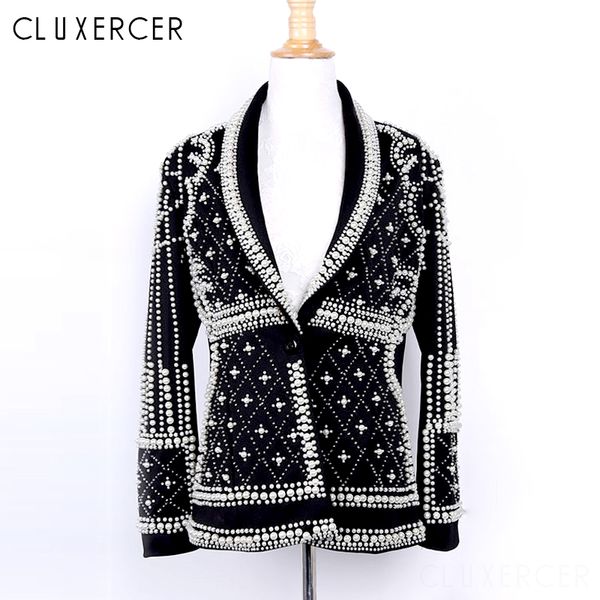 

handmade beading blazers ladies new elegant solid notched collar luxurious chic party pearl outerwear suit, White;black