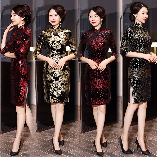 

fzslcyiyi evening party dress chinese style women velour qipao improved half sleeve print cheongsam vestidos oversize 5xl, Red
