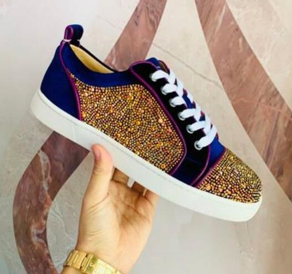 

red bottom sneakers shoes purple velvet with rhinestone crystals junior men women high trainers casual walking flats 35-46, Black