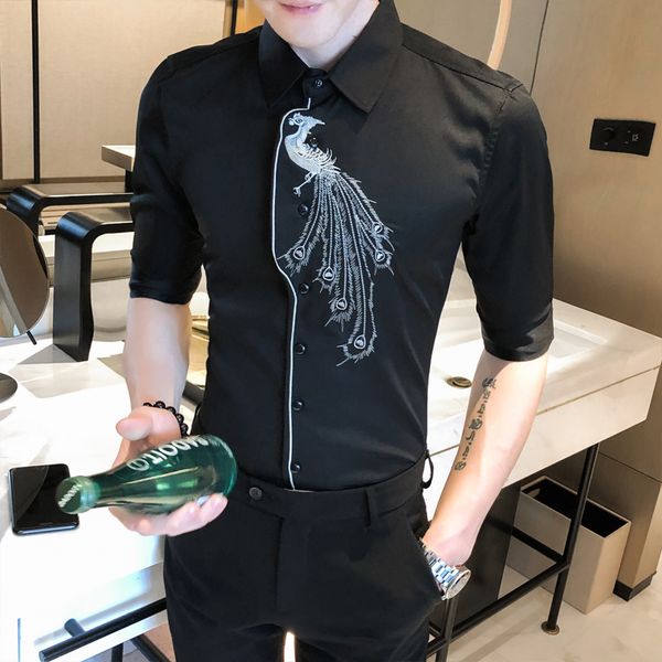 

2020 summer men's shirt british embroidery slim fit shirt stylish shirts for men camisa masculina social men short sleeve, White;black