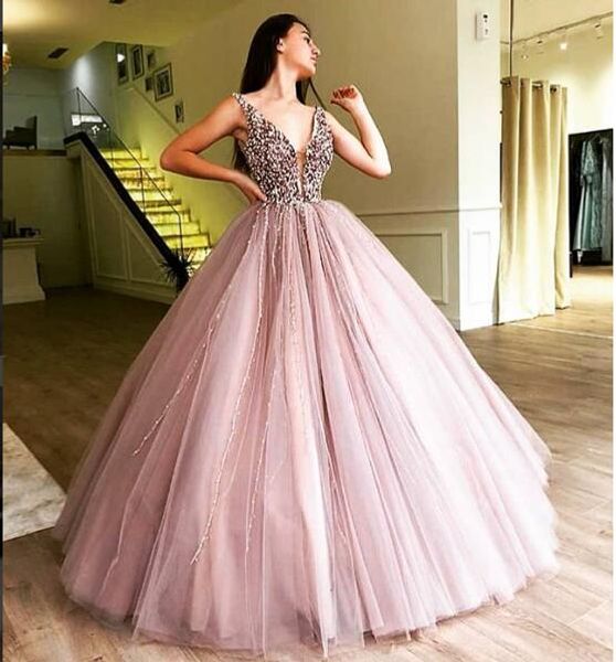 Tule rosa Vestido De Baile V Neck Vestidos De Festa Elie Saab Longos Prom Dresses 2019 Vestidos Formais Noite Abito Da Sera
