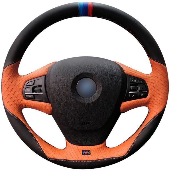 

hand-stitched black orange leather anti-slip comfortable car steering wheel cover for x3 f25 2010-2017 x5 f15 2013