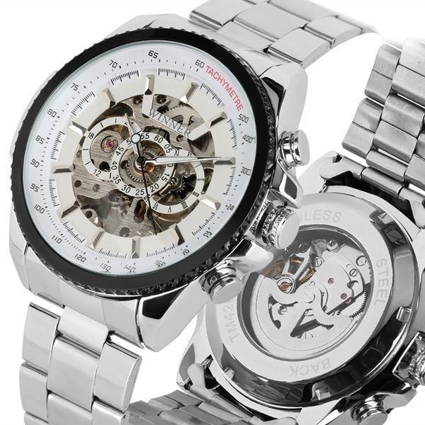 

winner men auto mechanical watch tachymeter skeleton design stainless steel band clock male relogio masculino, Slivery;brown