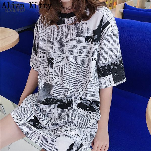 

vintage fashion 2020 cute print newspaper summer casual simple cute sweet plus size t shirt short sleeve loose, White