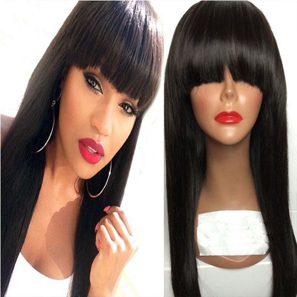 

9a human hair wigs with bangs silky straight brazilian full lace wig with baby hair pre plucked virgin human lace front wig, Black;brown