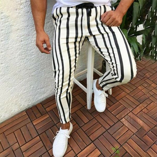 

new fashion mens striped pants man casual slim fit tracksuit sport gym skinny jogging joggers sweat pants trousers, Black