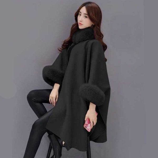 

new style fur collar mid-length woolen overcoat elegant cloak shawl woolen jacket women's, Black